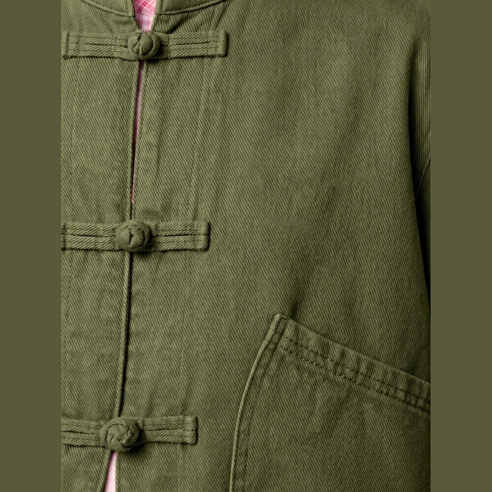 Olive Green Round Denim Jacket with Frog Button Closures - Picture 7 of 7